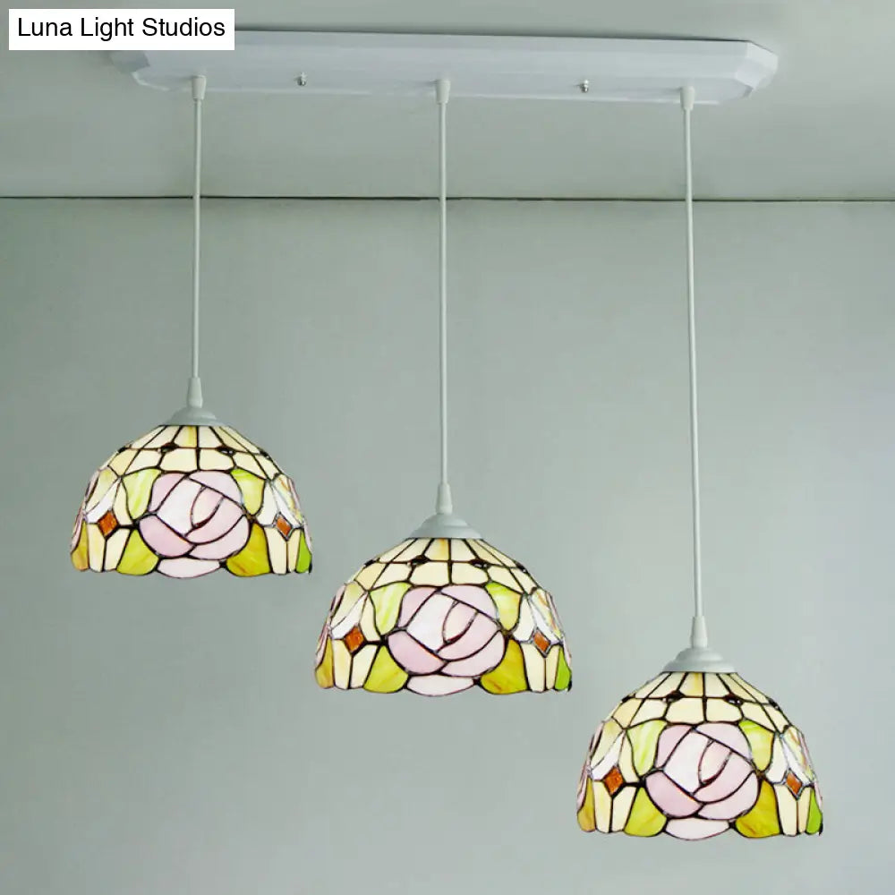 Victorian Stained Glass Pendant Light With Dome Design - White Rose Patterned Cluster Hanging Lamp