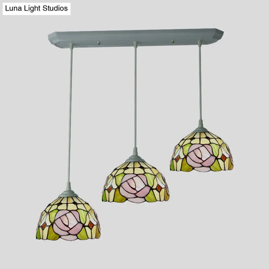 Victorian Stained Glass Pendant Light With Dome Design - White Rose Patterned Cluster Hanging Lamp