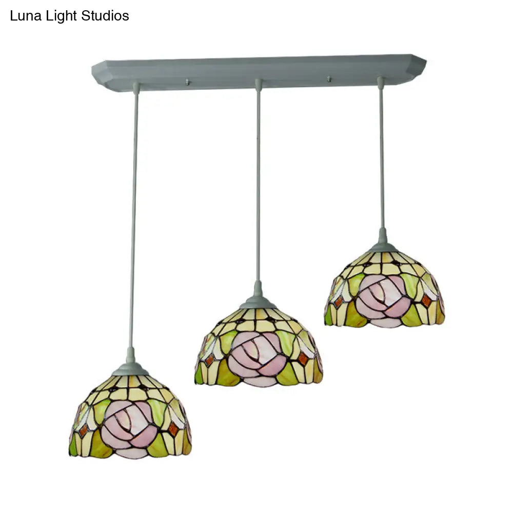 Victorian Stained Glass Pendant Light With Dome Design - White Rose Patterned Cluster Hanging Lamp