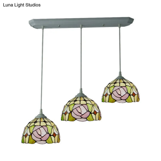 Victorian Stained Glass Pendant Light With Dome Design - White Rose Patterned Cluster Hanging Lamp