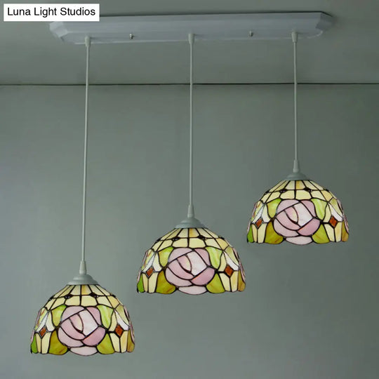 Victorian Dome Stained Glass Pendulum Light With White Rose Pattern - 3-Head Cluster Pendant For