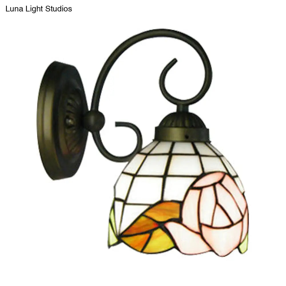 Victorian Dome Stained Glass Wall Sconce With Pink Rose Pattern - 1 Head Light Fixture