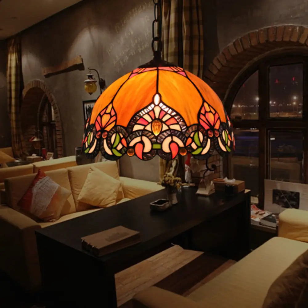 Victorian Domed Ceiling Pendant With 1 Light: Elegant Orange Cut Glass Hanging Light Kit For Living