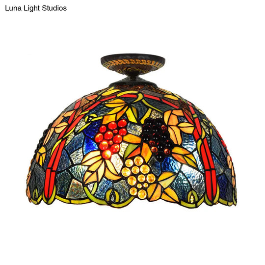 Victorian Domed Flush Ceiling Light - Brass With Grape Pattern 12’/16.5’ Width Stained Glass 1