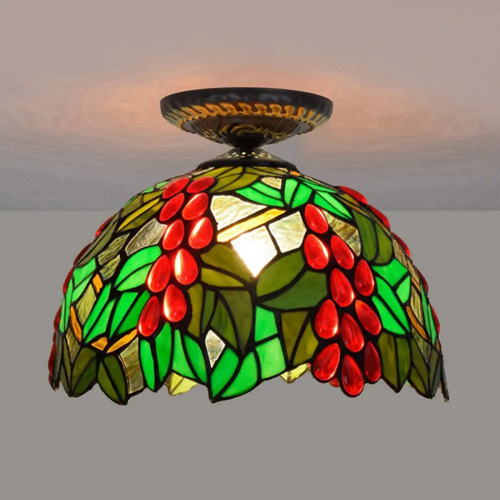 Victorian Domed Flush Ceiling Light - Brass With Grape Pattern 12’/16.5’ Width Stained Glass 1