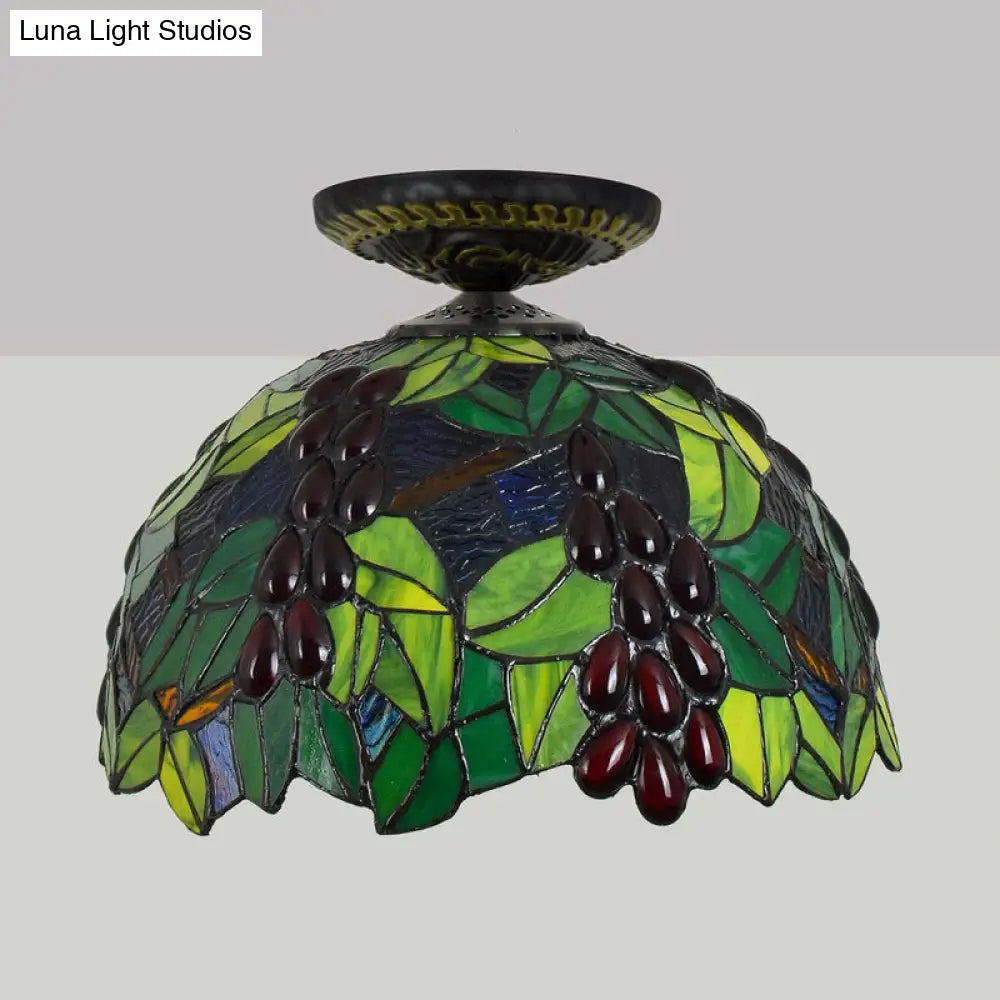 Victorian Domed Flush Ceiling Light - Brass With Grape Pattern 12’/16.5’ Width Stained Glass 1