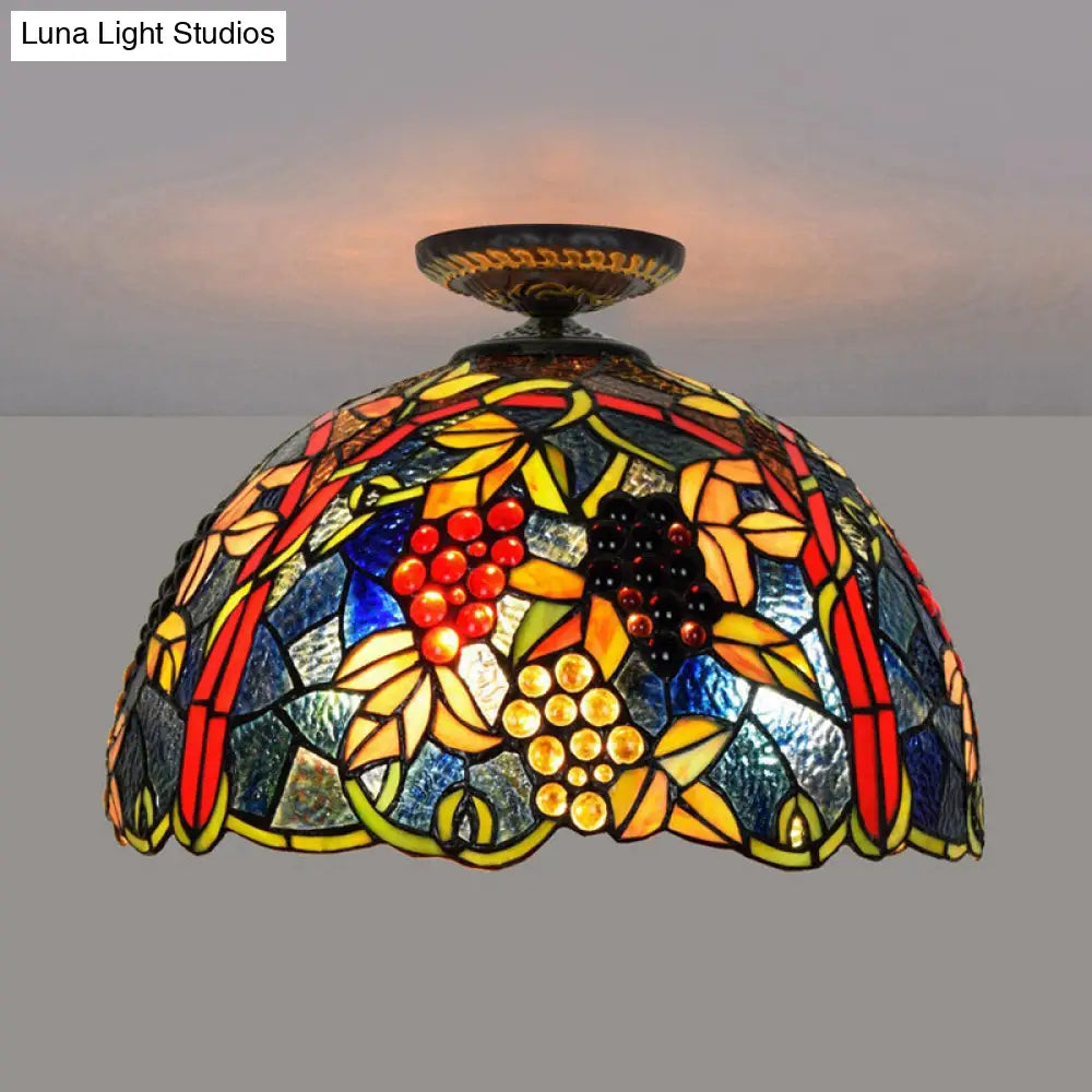 Victorian Domed Flush Ceiling Light - Brass With Grape Pattern 12/16.5 Width Stained Glass 1-Light