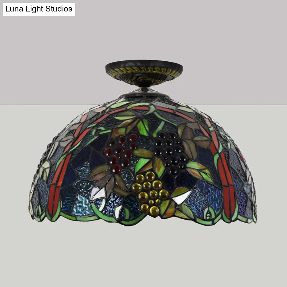 Victorian Domed Flush Ceiling Light - Brass With Grape Pattern 12’/16.5’ Width Stained Glass 1