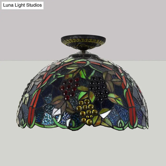 Victorian Domed Flush Ceiling Light - Brass With Grape Pattern 12’/16.5’ Width Stained Glass 1