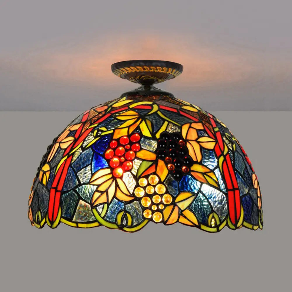 Victorian Domed Flush Ceiling Light - Brass With Grape Pattern 12’/16.5’ Width Stained Glass 1