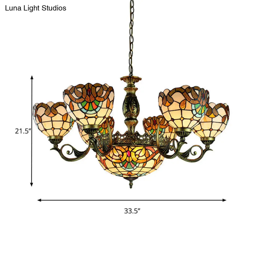 Victorian Style Stained Glass Pendant Lamp 11 Light Beige Chandelier For Living Room