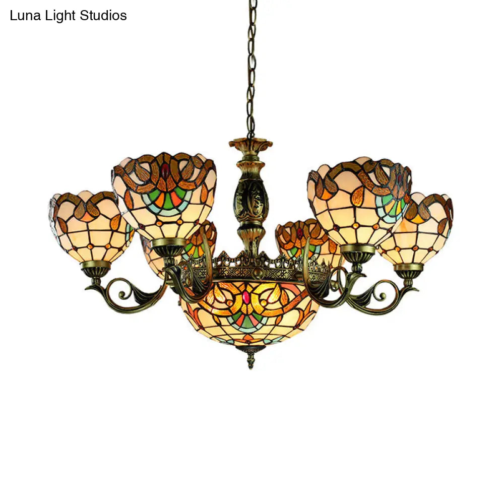 Victorian Domed Pendant Lamp: 11-Light Stained Glass Chandelier In Beige For Living Room