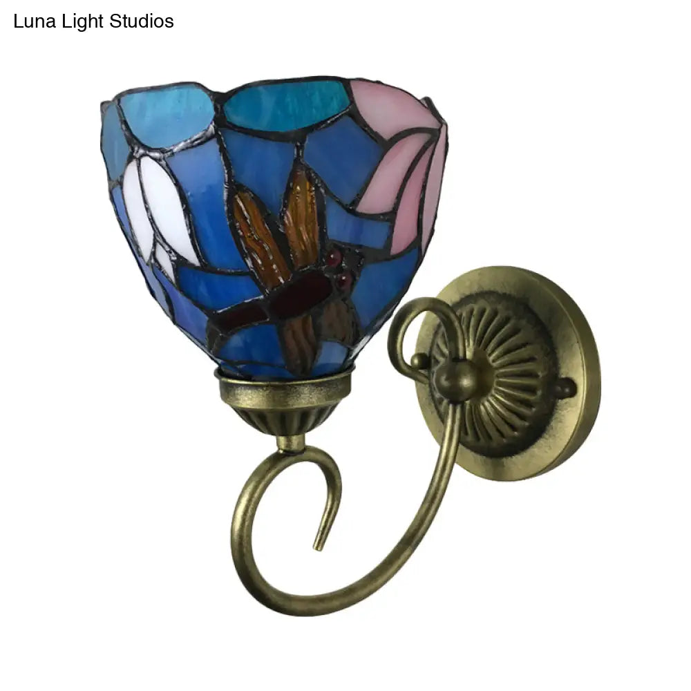 Victorian Dragonfly Stained Glass Wall Sconce With Brass Fixture