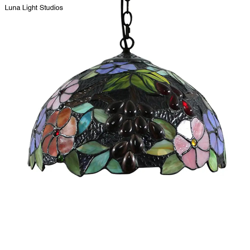 Victorian Floral Suspension Lighting: 1-Head Black Stained Art Glass Pendant Light With Adjustable