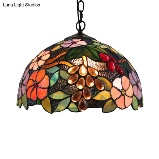 Victorian Floral Black Stained Glass Pendant Light With Adjustable Metal Chain