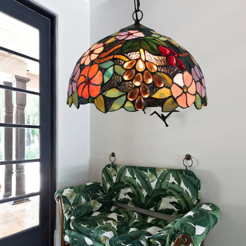 Victorian Floral Black Stained Glass Pendant Light With Adjustable Metal Chain