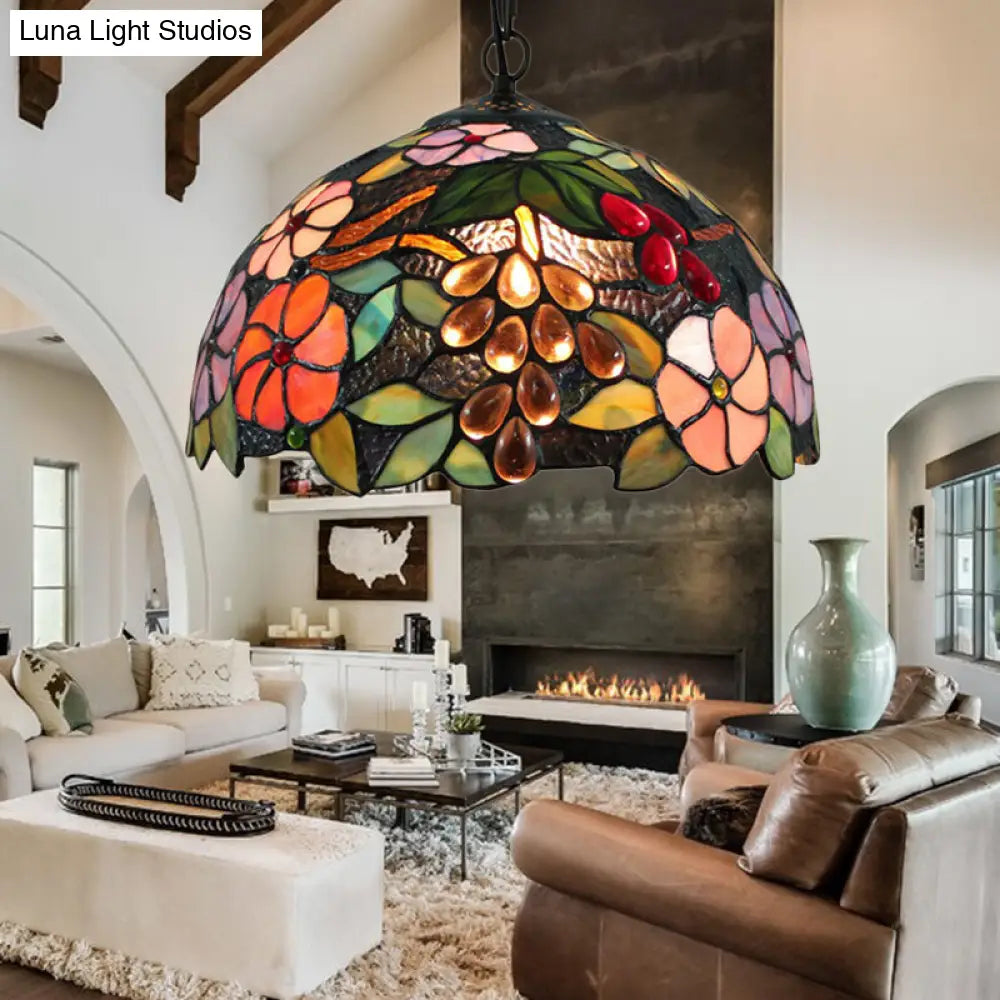 Victorian Floral Suspension Lighting: 1-Head Black Stained Art Glass Pendant Light With Adjustable