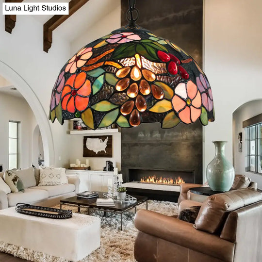 Victorian Floral Suspension Lighting: 1-Head Black Stained Art Glass Pendant Light With Adjustable