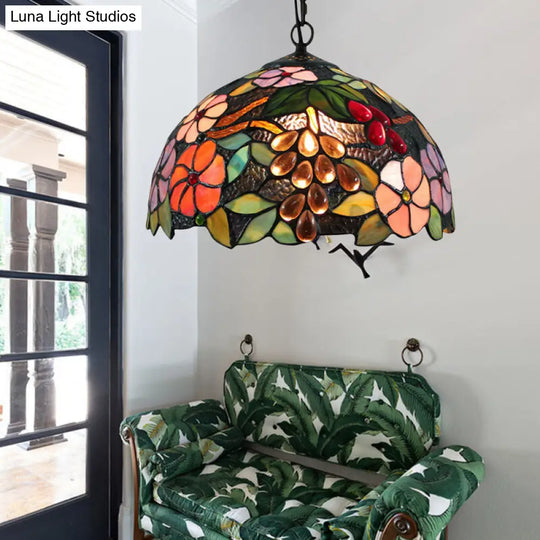 Victorian Floral Suspension Lighting: 1-Head Black Stained Art Glass Pendant Light With Adjustable