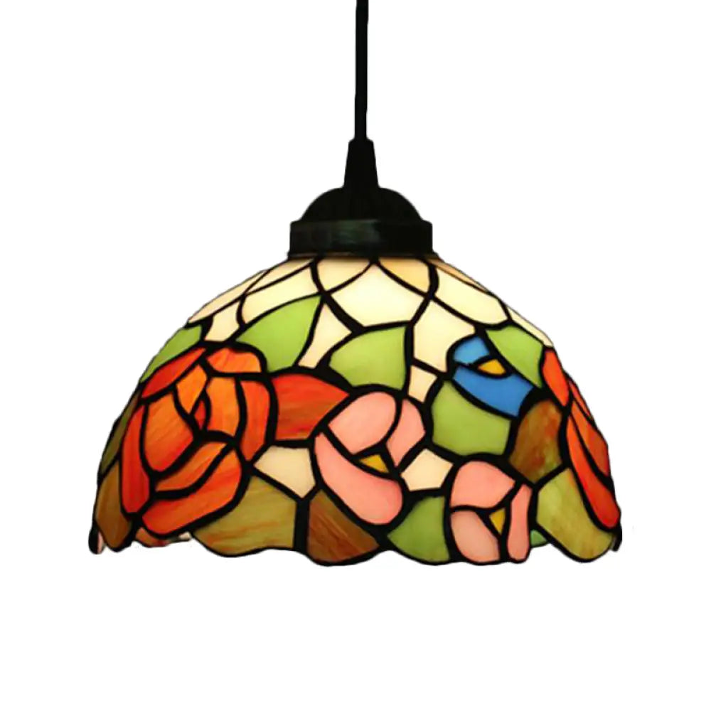 Victorian Floral Ceiling Pendant Light Fixture For Dining Room - Beige/Red/Pink Cut Glass Hanging