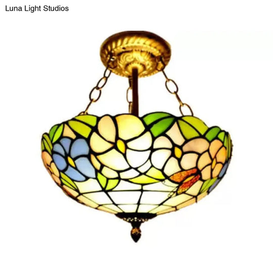 Victorian Floral Semi Flush Led Ceiling Light With Stained Glass Shade - 12 W Beige