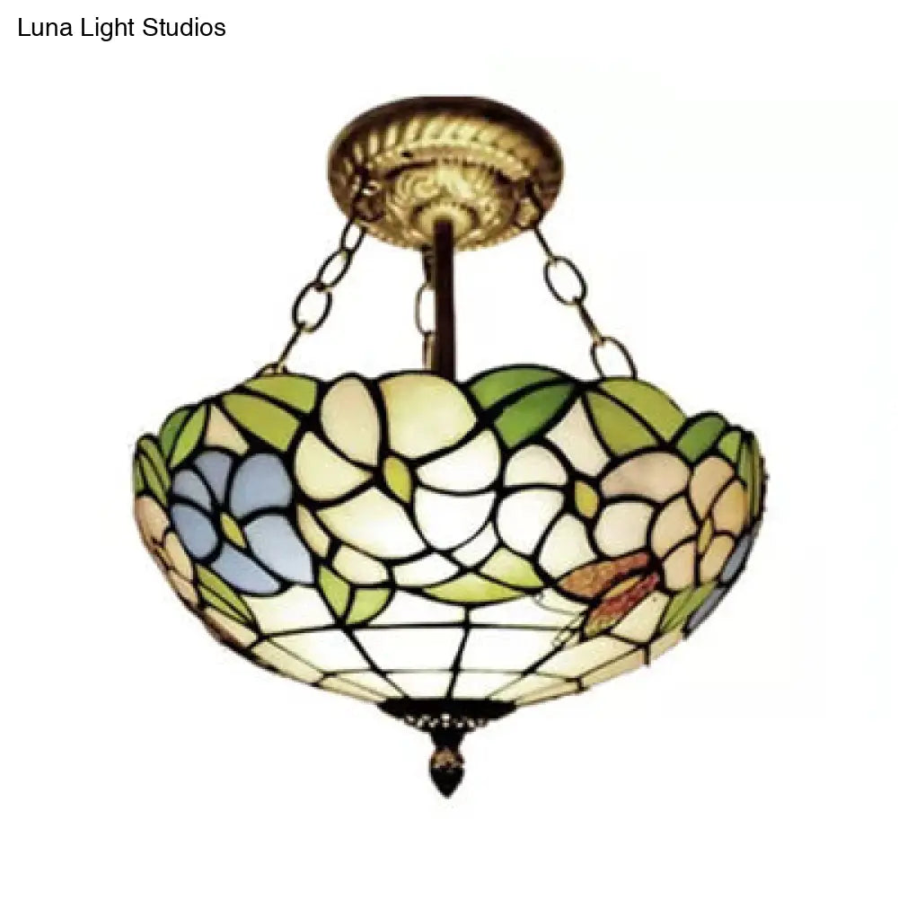 Victorian Floral Semi Flush Led Ceiling Light With Stained Glass Shade - 12 W