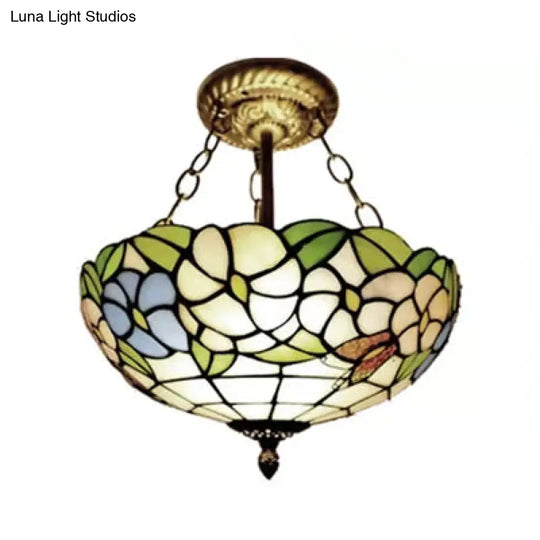 Victorian Floral Semi Flush Led Ceiling Light With Stained Glass Shade - 12’ W