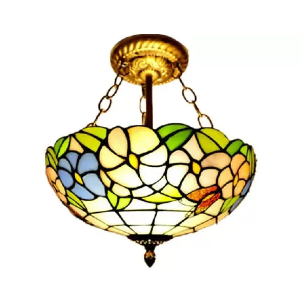 Victorian Floral Semi Flush Led Ceiling Light With Stained Glass Shade - 12’ W Beige