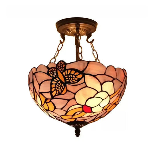 Victorian Floral Semi Flush Led Ceiling Light With Stained Glass Shade - 12’ W Purple