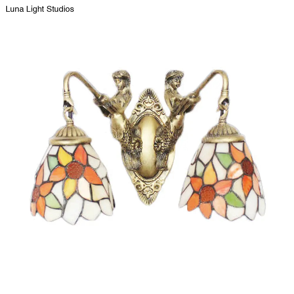 Victorian Floral Stained Glass Wall Light With Mermaid Backplate - 2 Orange Sconce Lights