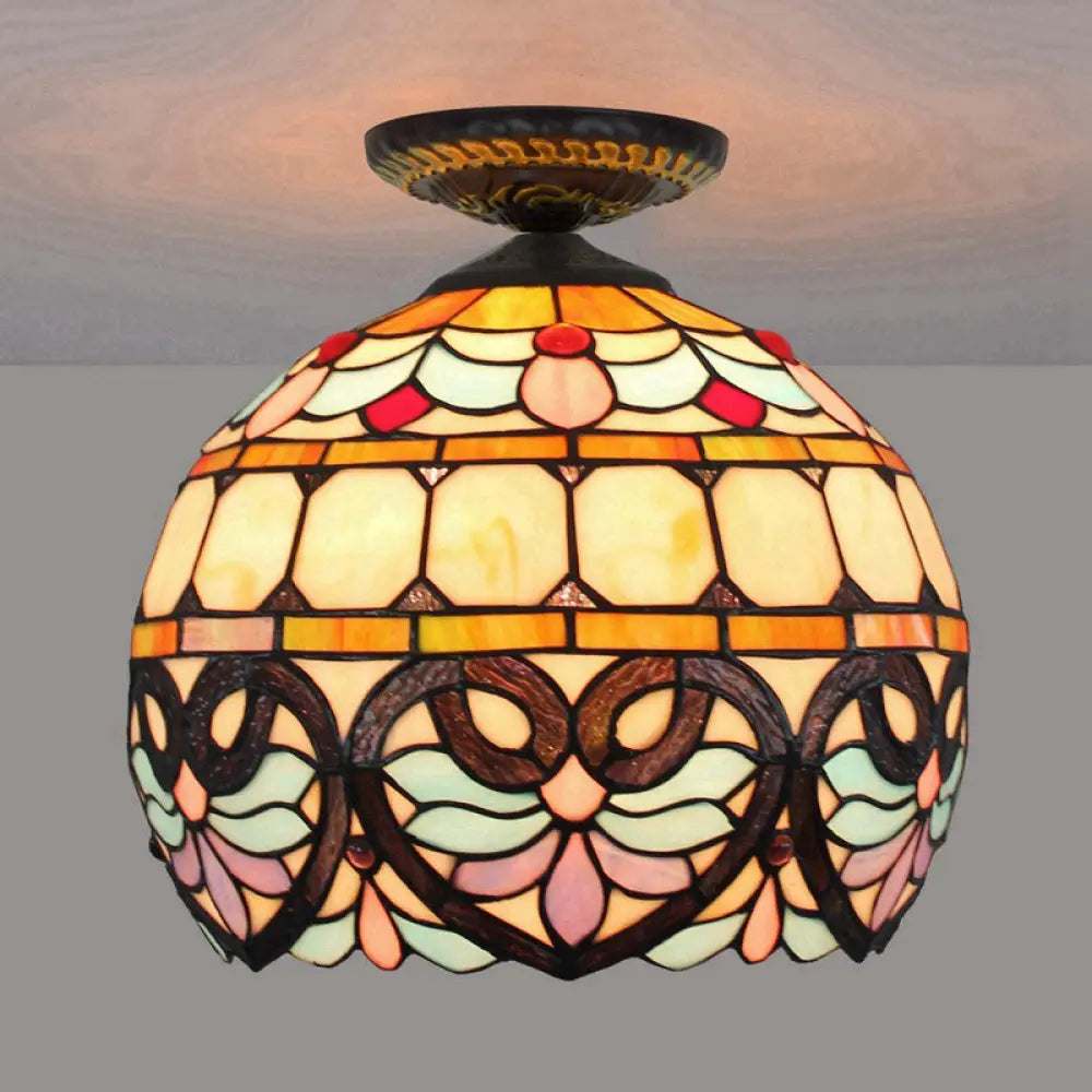 Victorian Flower Cut Glass Brass Ceiling Light With Globe/Dome Shade - 8.5’/12’W Flush Mount