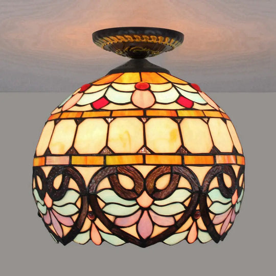 Victorian Flower Cut Glass Brass Ceiling Light With Globe/Dome Shade - 8.5’/12’W Flush Mount