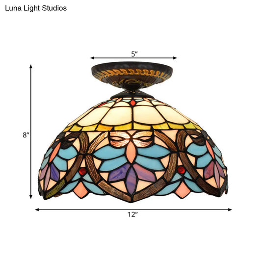 Victorian Flower Cut Glass Brass Ceiling Light With Globe/Dome Shade - 8.5/12W Flush Mount Fixture