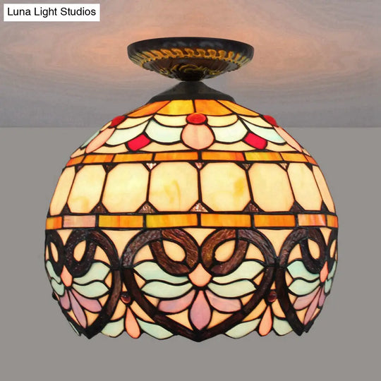 Victorian Flower Cut Glass Brass Ceiling Light With Globe/Dome Shade - 8.5/12W Flush Mount Fixture /