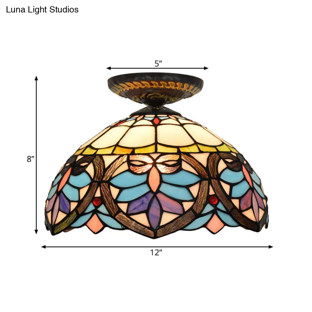 Victorian Flower Cut Glass Brass Ceiling Light With Globe/Dome Shade - 8.5’/12’W Flush Mount Fixture