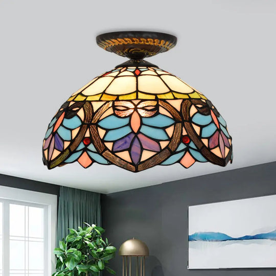 Victorian Flower Cut Glass Brass Ceiling Light With Globe/Dome Shade - 8.5’/12’W Flush Mount