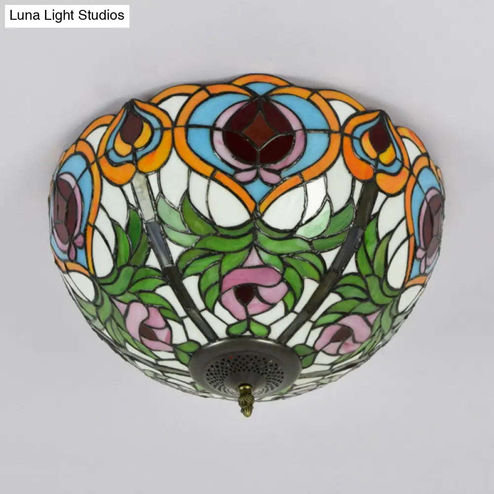 Victorian Glass Ceiling Flush Mount Light Fixture - Bowl Cut 2/3/5 Heads White/Green
