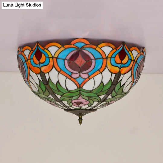 Victorian Glass Ceiling Flush Mount Light Fixture - Bowl Cut 2/3/5 Heads White/Green 12/16/19.5 Wide