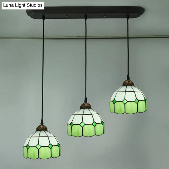 Victorian Green 3-Light Dining Room Pendant With Hand-Cut Glass Shade