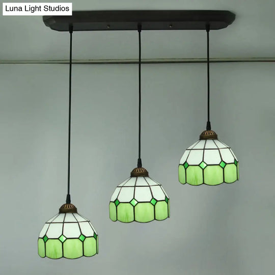 Victorian Green 3-Head Dining Room Pendant Light With Hand-Cut Glass Shade