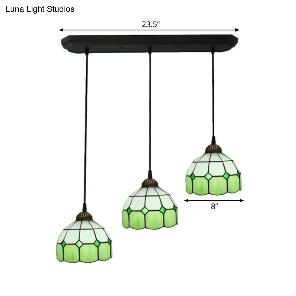 Victorian Green 3-Light Dining Room Pendant With Hand-Cut Glass Shade