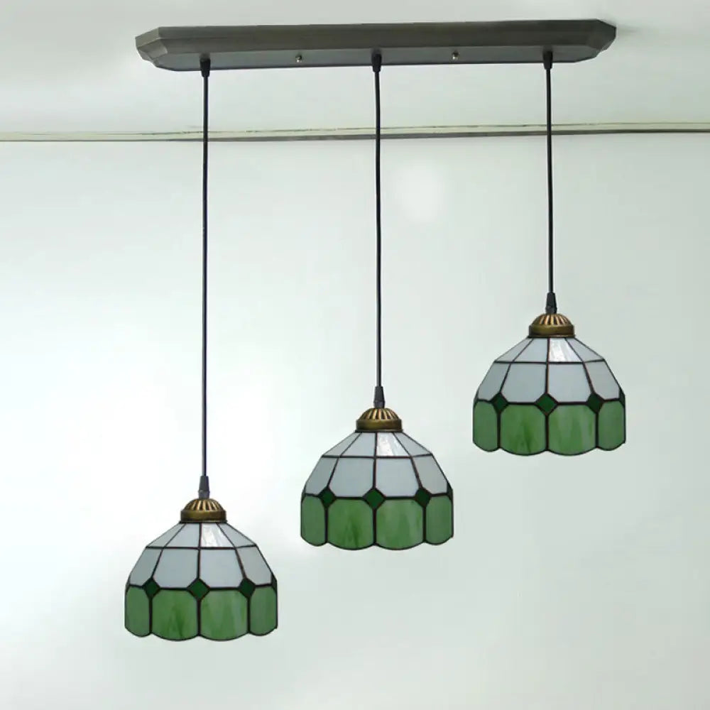 Victorian Green 3-Head Dining Room Pendant Light With Hand-Cut Glass Shade / 6’