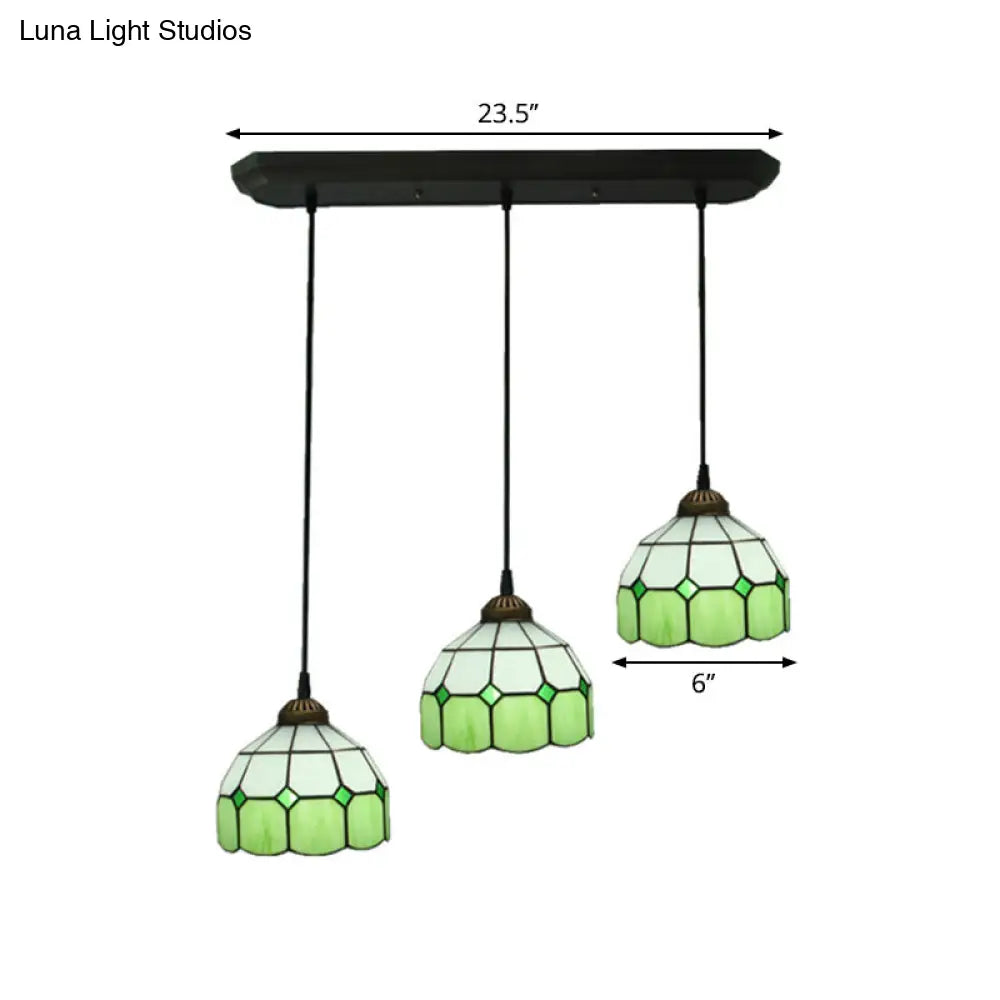 Victorian Green 3-Light Dining Room Pendant With Hand-Cut Glass Shade