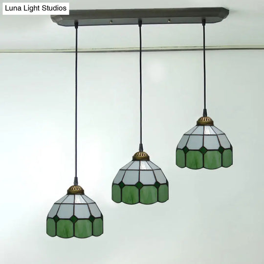 Victorian Green 3-Light Dining Room Pendant With Hand-Cut Glass Shade / 6