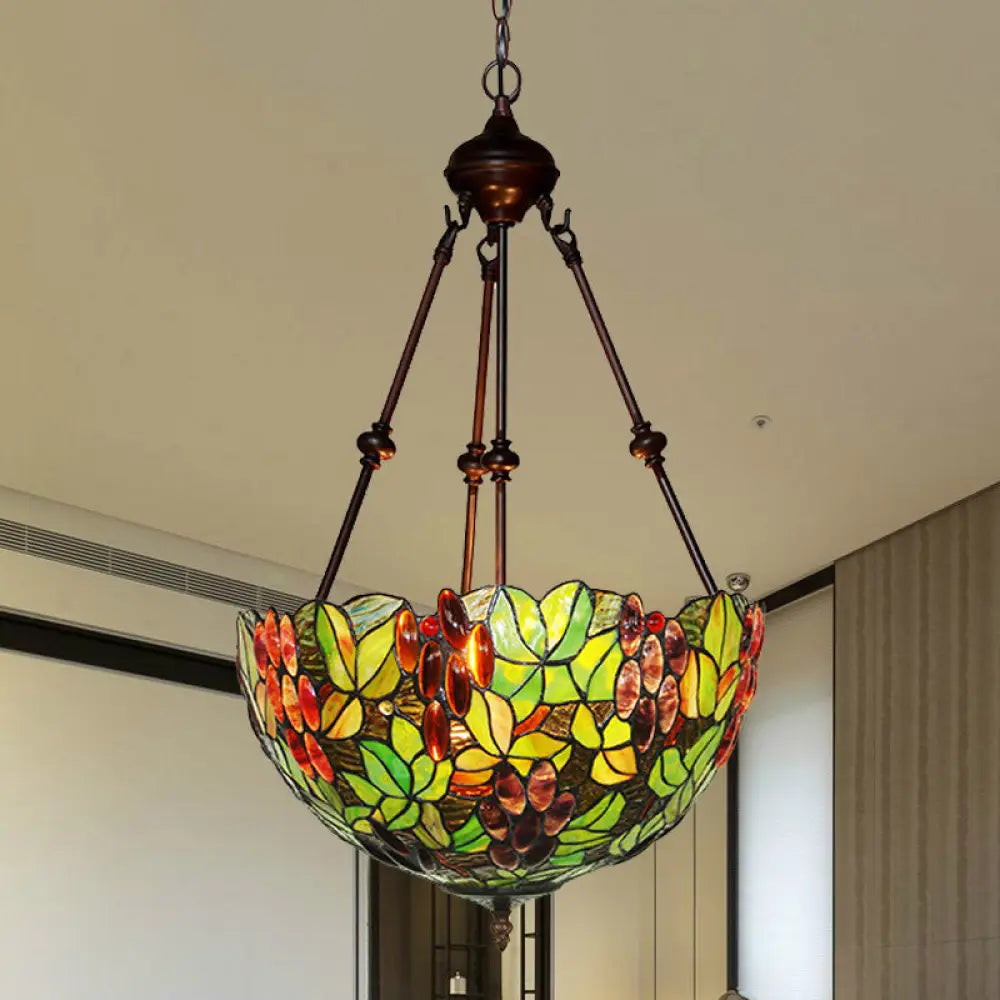 Victorian Green Ceiling Pendant Chandelier With Stained Glass Shade - 2/3 Lights 2 /