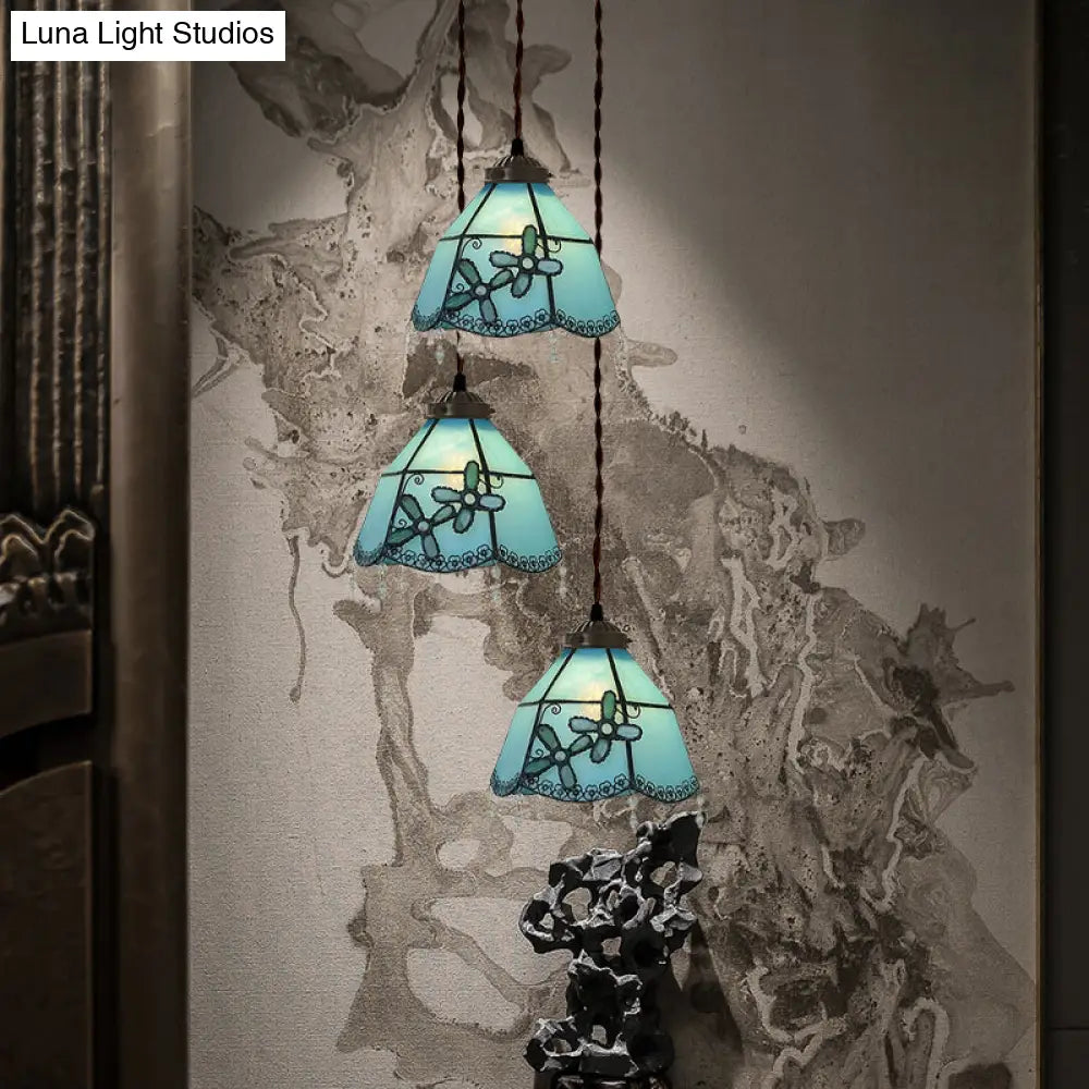 Victorian Hand Cut Glass Multi Pendant Light - Pink/Light Blue & White Bell/Bowl Drop Floral/Fruit