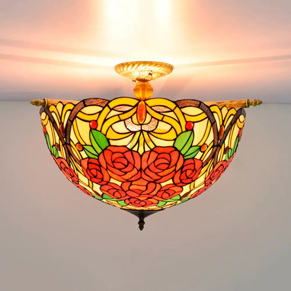 Victorian Hand Rolled Art Glass Rose Semi Flush Mount Ceiling Light With Brass Finish - 5 Bulbs