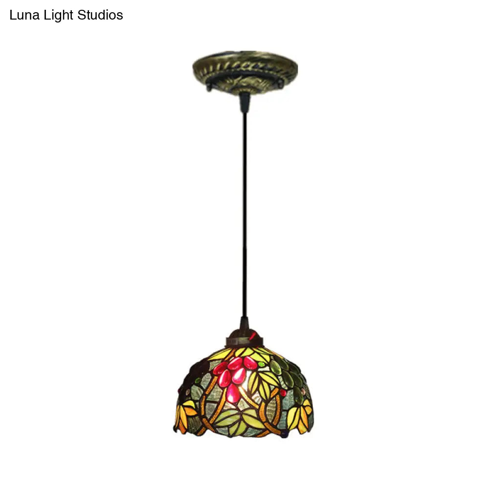 Victorian Pendant Lighting: Green Stained Glass Hanging Barrel Fixture With Grapevine Pattern