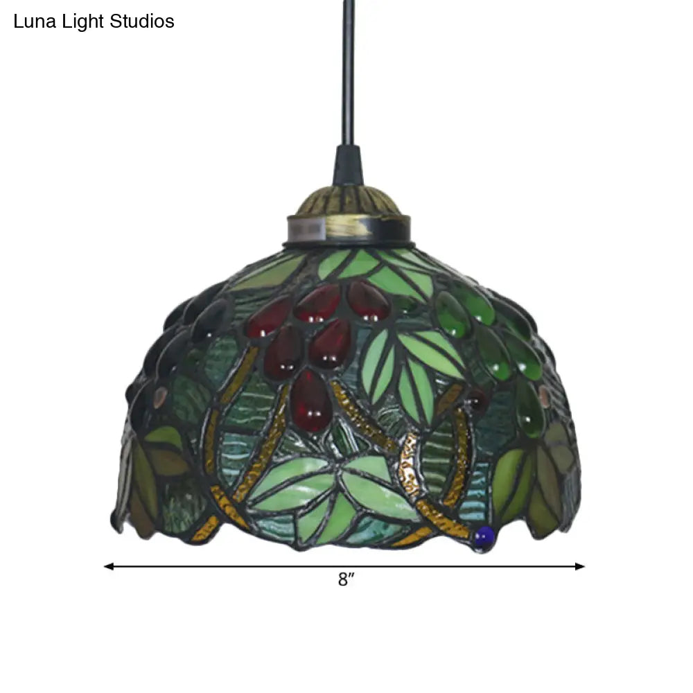 Victorian Pendant Lighting: Green Stained Glass Hanging Barrel Fixture With Grapevine Pattern