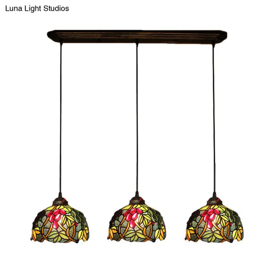 Victorian Pendant Lighting: Green Stained Glass Hanging Barrel Fixture With Grapevine Pattern 3 /